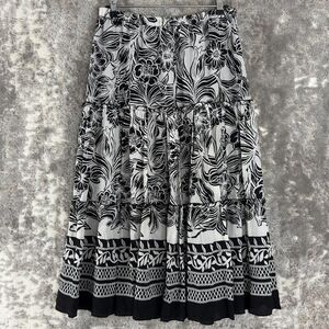Grace Dane Lewis Size 10 Silk Floral Pleated Flare Skirt Black White Pull On